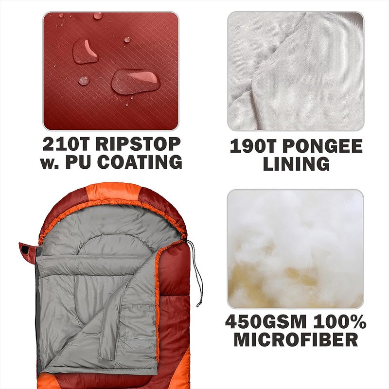 rioyalo 0 Degree Winter Sleeping Bags for Adults Camping (450GSM) - Temp Range (5F–32F) Portable Waterproof Compression Sack- Camping Sleeping Bags for Big and Tall in Env Hoodie: Backpacking Hiking 4 Season - Image 5